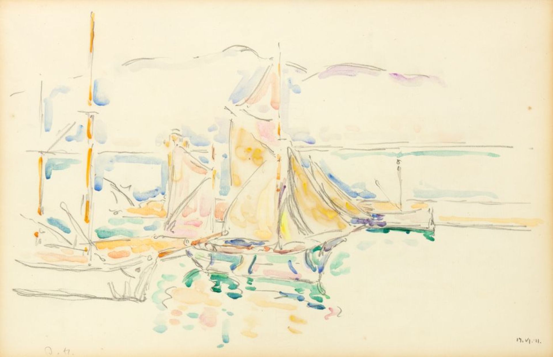 Ivo Hauptmann. Steg mit Segelbooten. 1911. Aquarell und Bleistift. Monogram. und datiert. Verso mit 