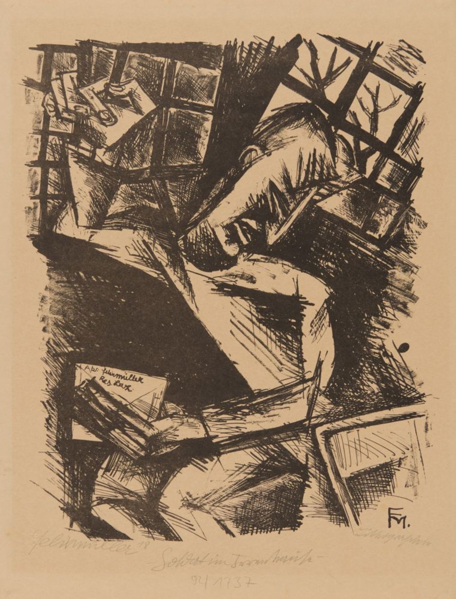 Conrad Felixmüller. Soldat im Irrenhaus II. 1918. Lithographie. Signiert. Söhn 150 A.