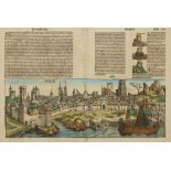 Köln. - Gesamtansicht auf Doppelblatt der Chronik von H. Schedel, 1493. Kolor. Holzschnitt.