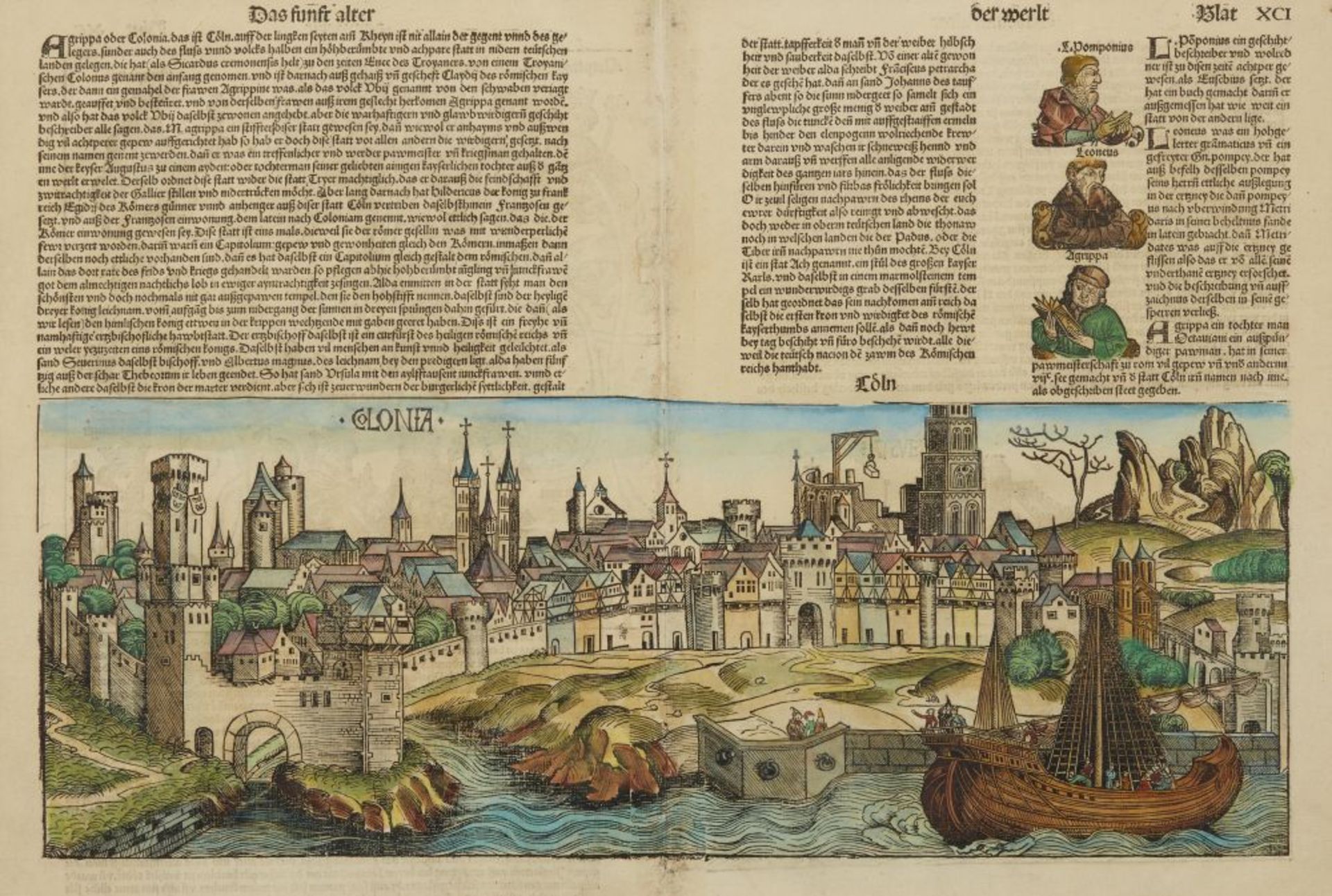 Köln. - Gesamtansicht auf Doppelblatt der Chronik von H. Schedel, 1493. Kolor. Holzschnitt.
