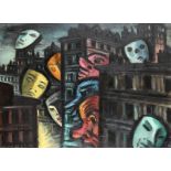 Frans Masereel. Masques dans la ville II. 1959. Öl auf Papier, auf Holz. Monogrammiert.