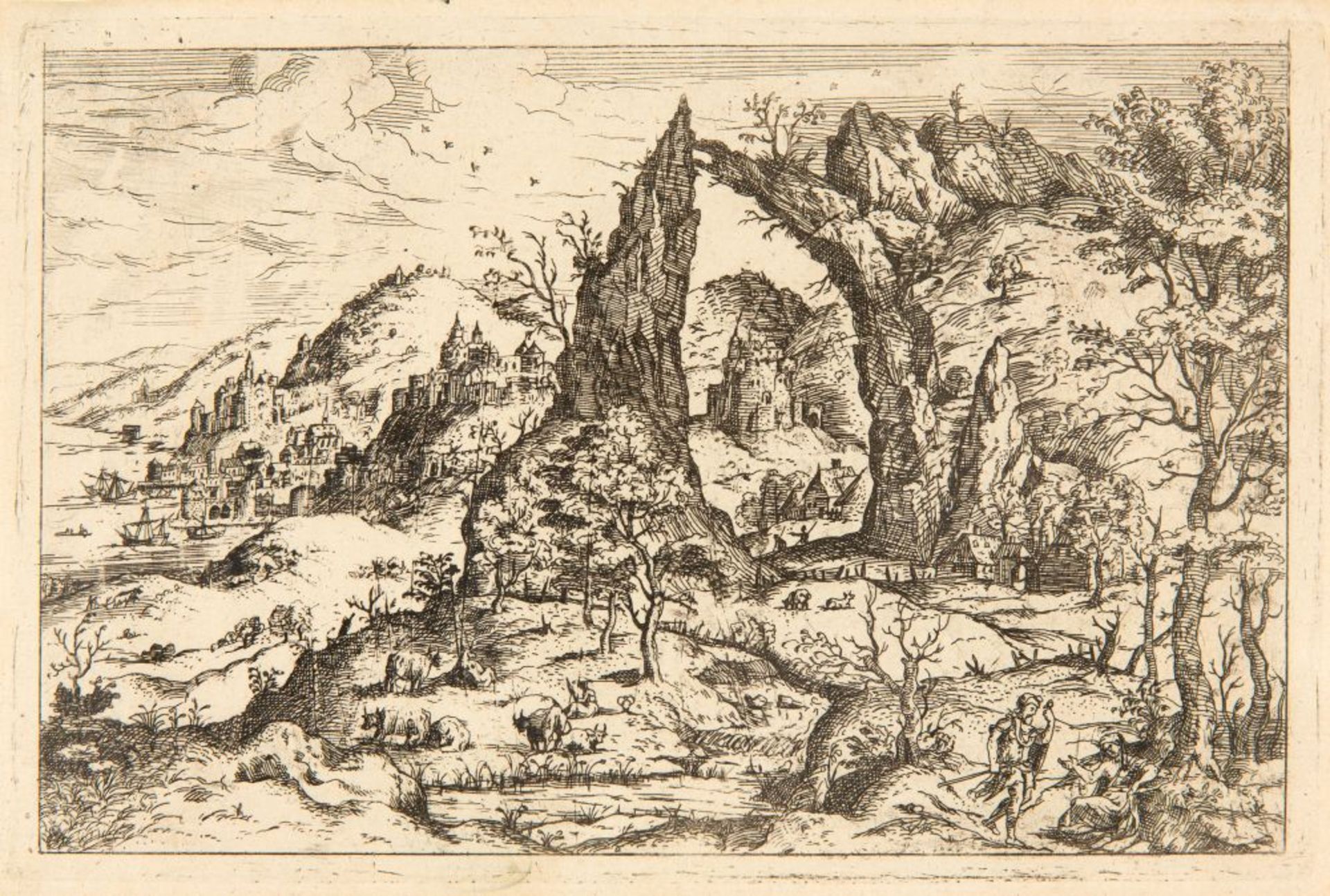 Angelo Falconetto. Gebirgslandschaft mit Juda und Tamar. Um 1565. Radierung. Nagler Monogr. I, 543,