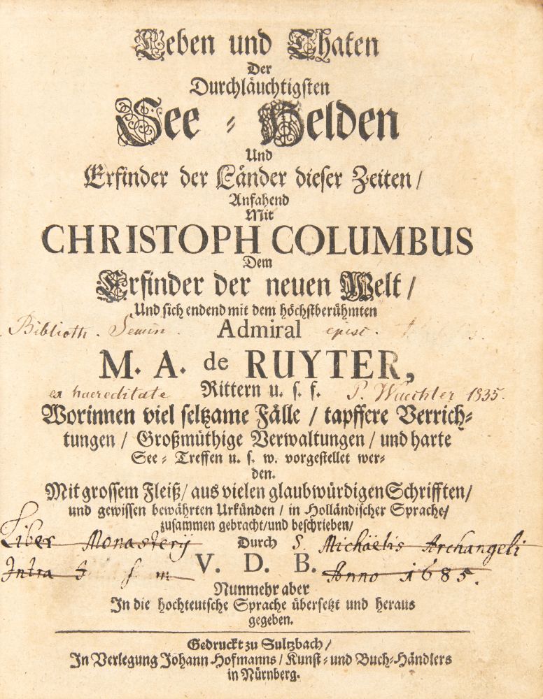Lambert van den Bos, Leben und Thaten der .. See-Helden. 2 Teile in 1 Bd. Nbg. u. Sulzbach 1681. - Image 2 of 4