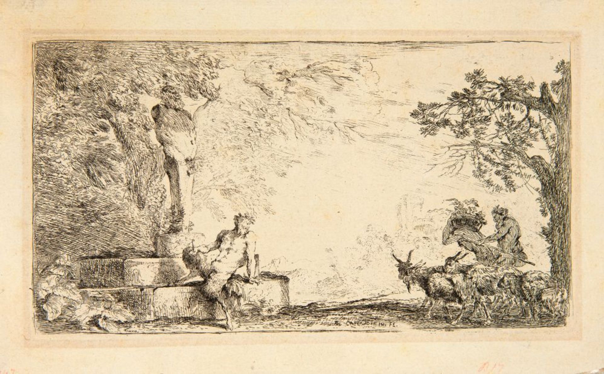 Giovanni Benedetto Castiglione. Satyr neben einer Statue des Priapus. Radierung. Bartsch 17, II-III.
