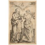 Albrecht Dürer. Die Heilige Anna und Maria mit dem Kinde stehend. Um 1500. Kupferstich. B. 29; M. 43