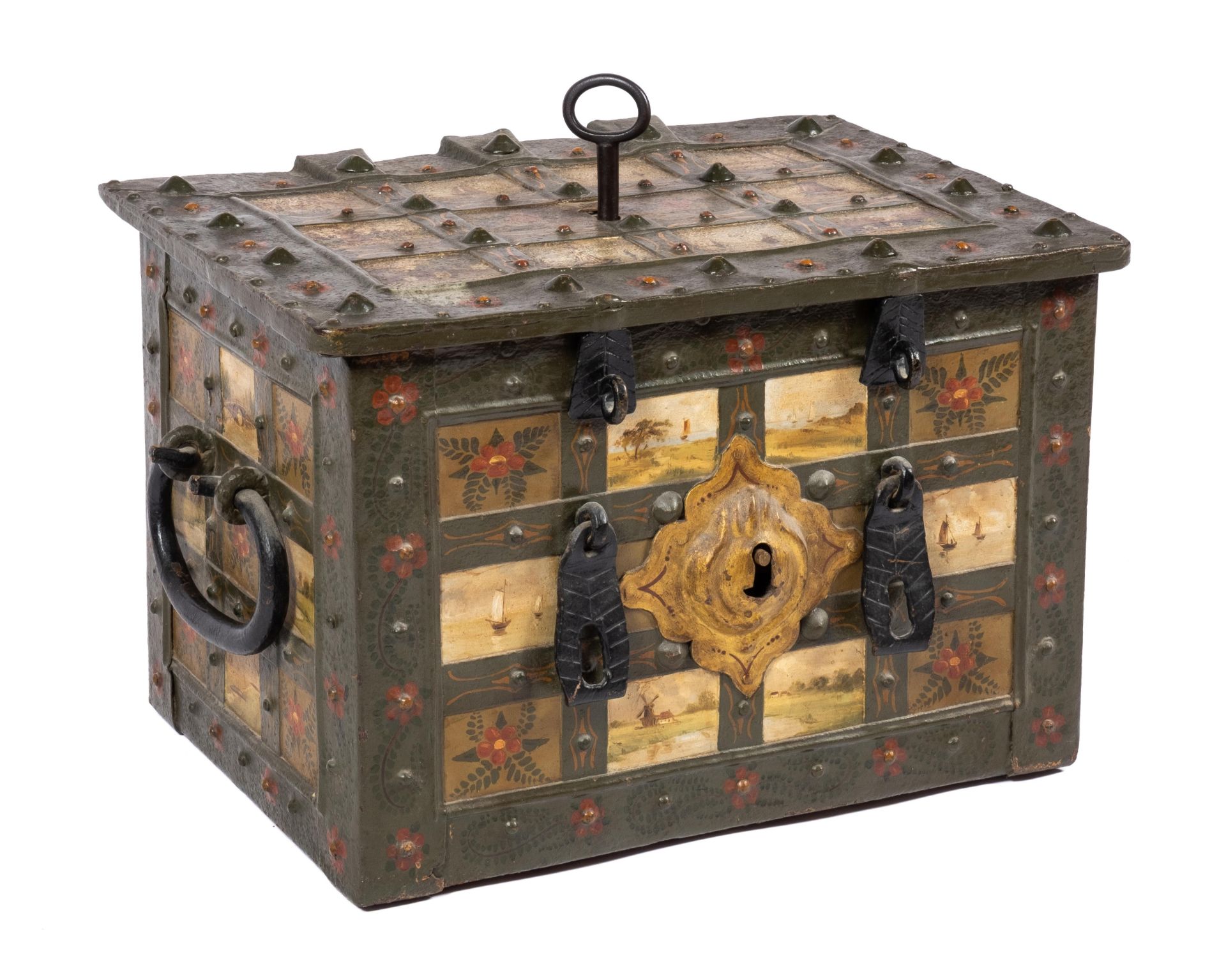 A German polychrome painted wrought-iron Armada chest on stand - Image 8 of 8