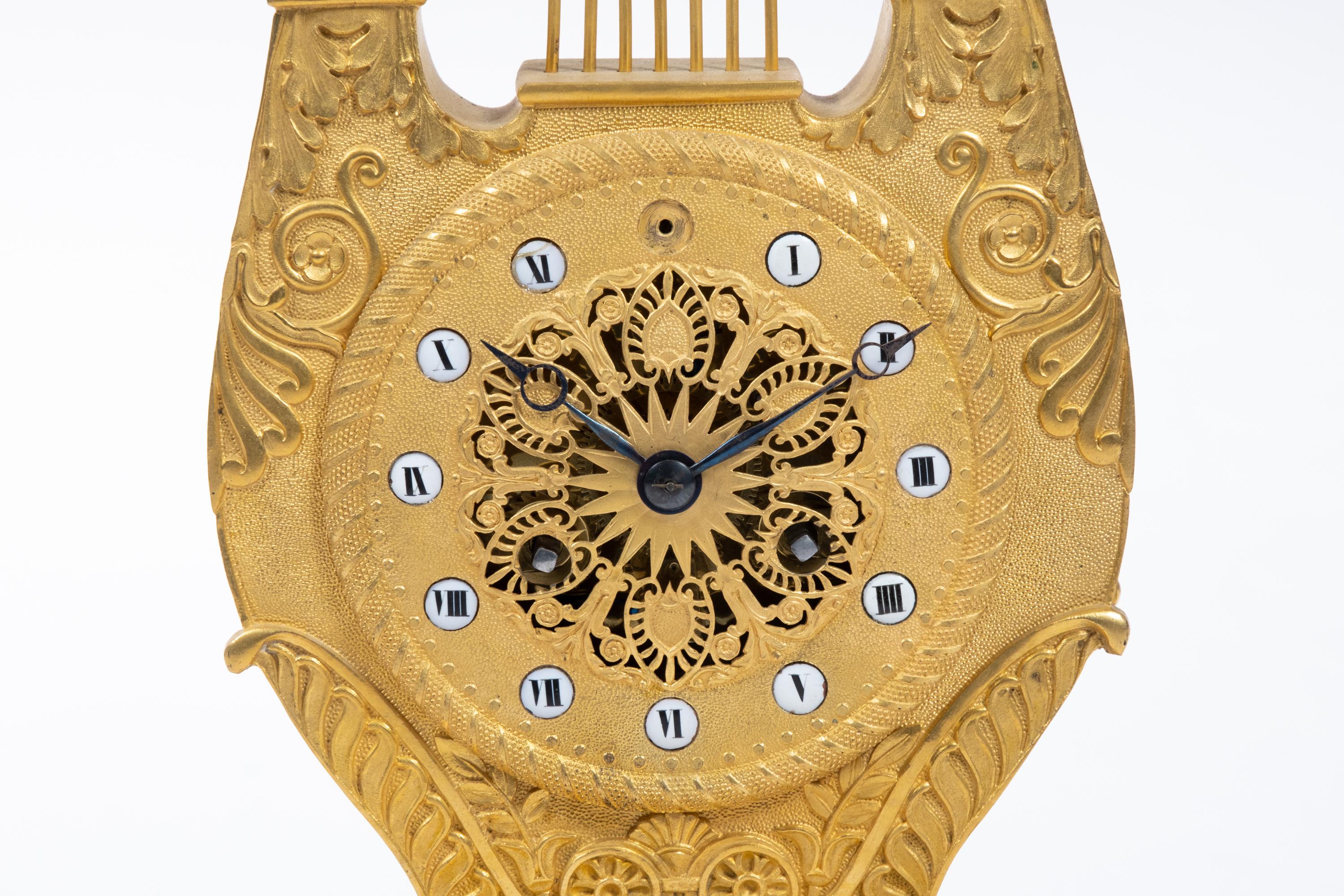 A Restauration ormolu and marble lyre mantel clock - Image 3 of 5