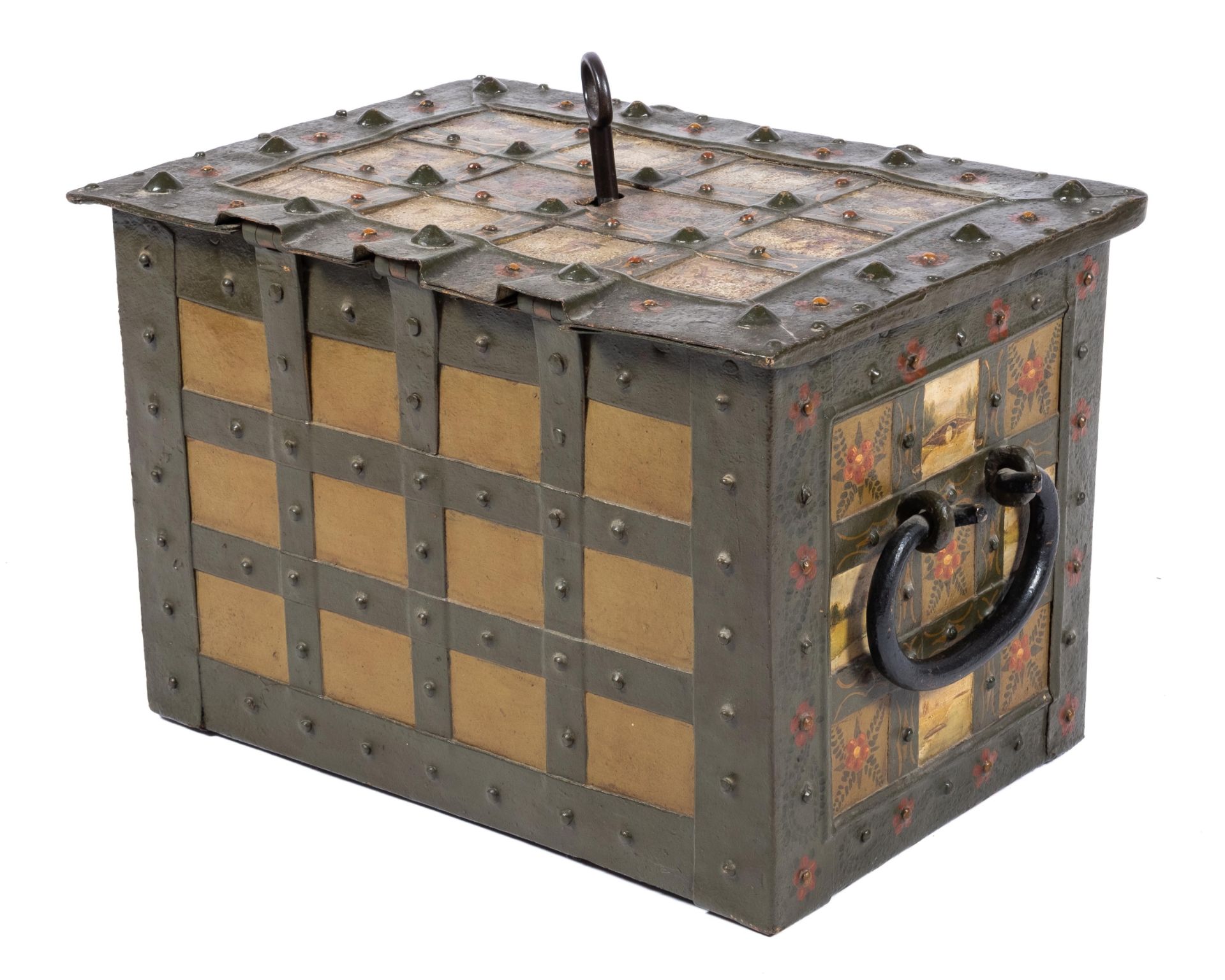 A German polychrome painted wrought-iron Armada chest on stand - Image 3 of 8