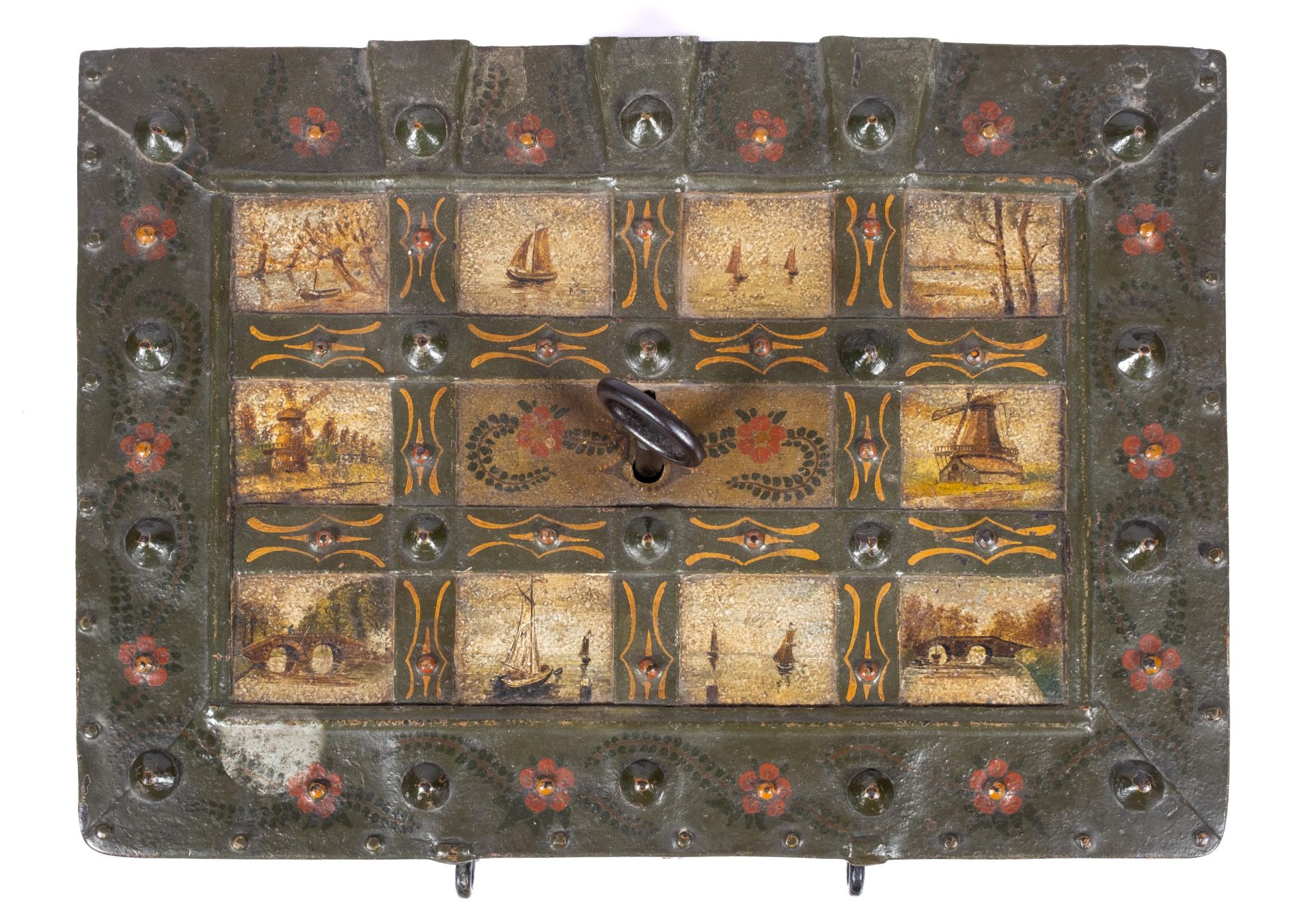 A German polychrome painted wrought-iron Armada chest on stand - Image 2 of 8