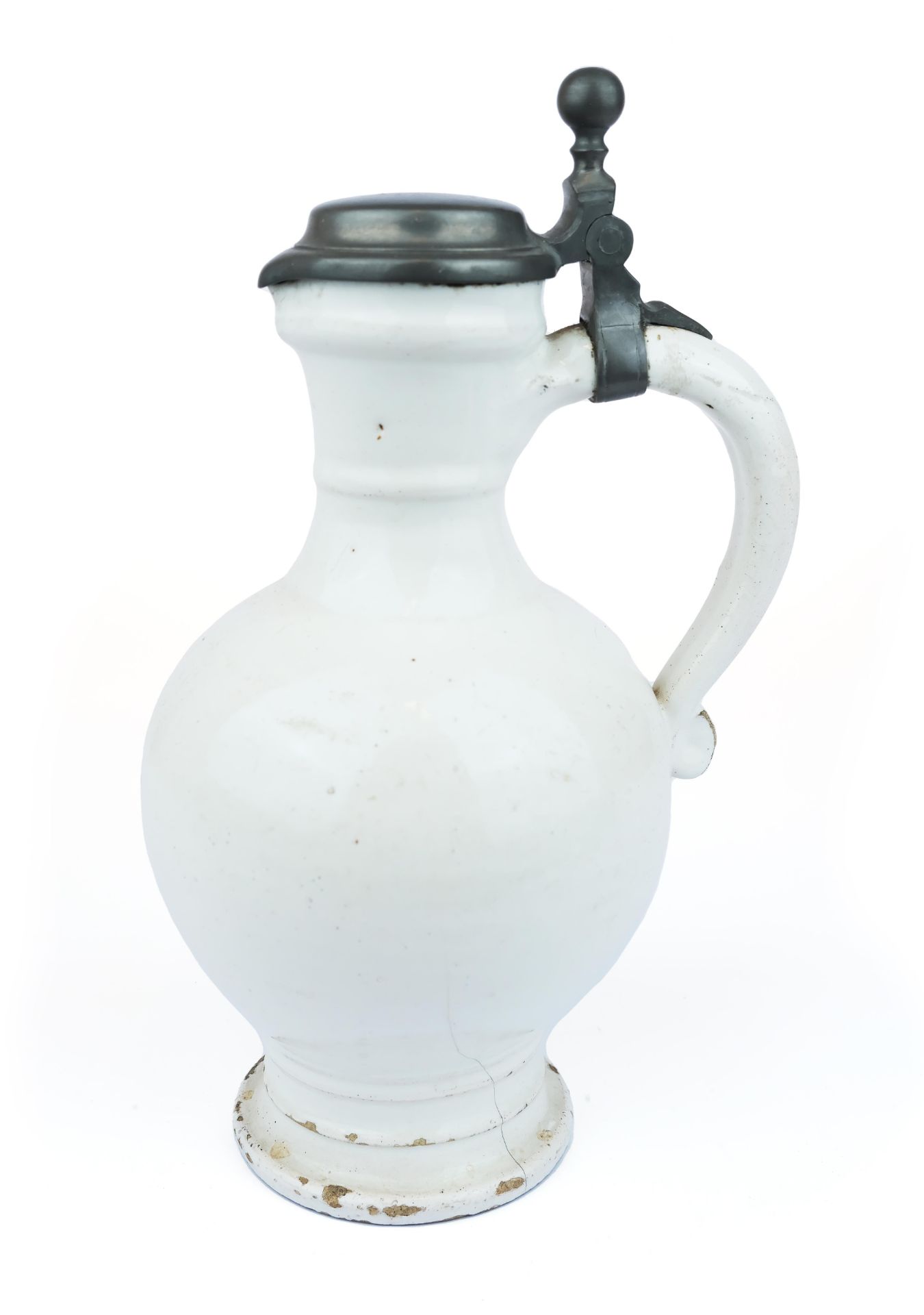 A Delft white pottery pitcher with pewter lid