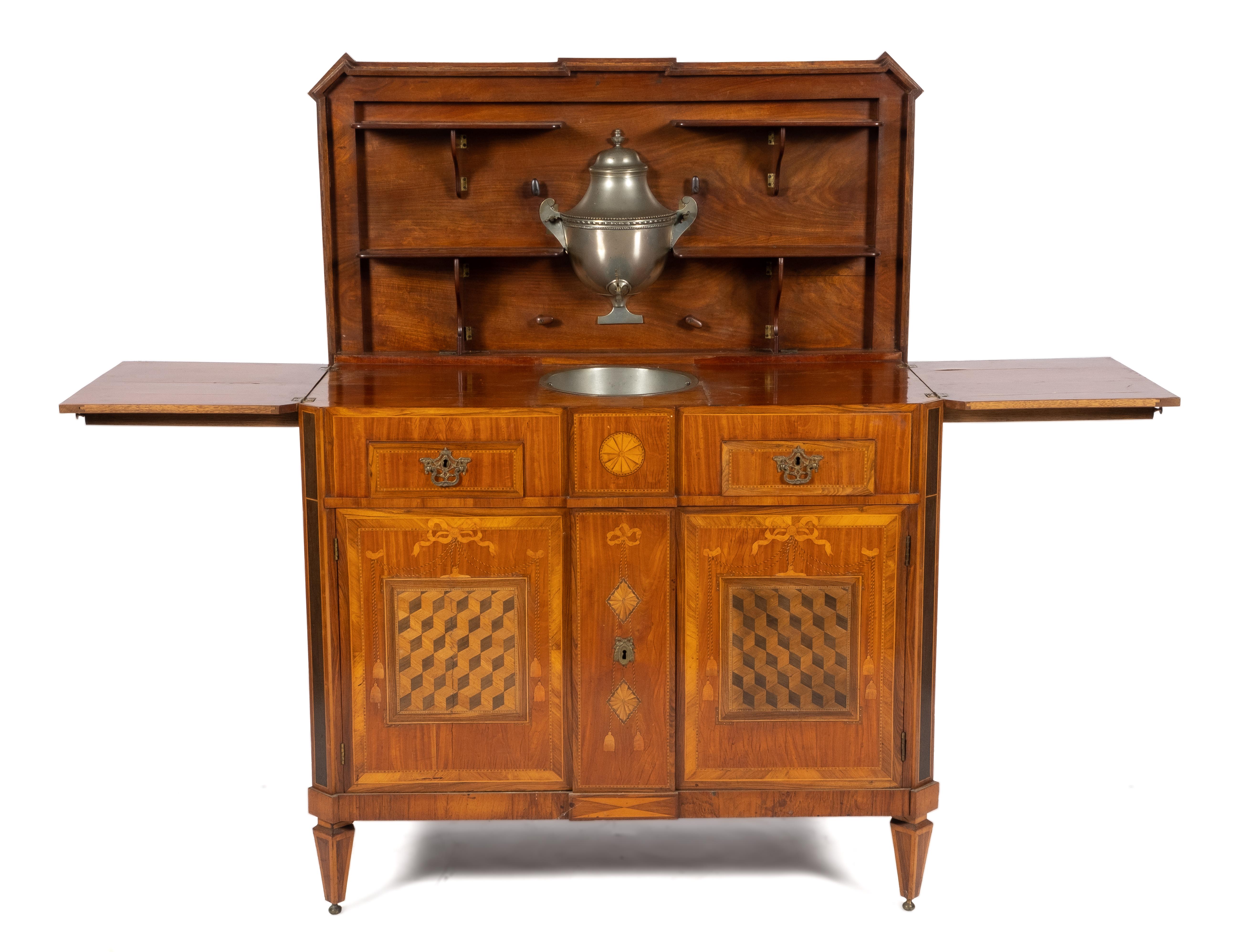 A Dutch satinwood, tulipwood, kingwood and fruitwood marquetry and parquetry sideboard 'klapbuffet' - Image 3 of 3