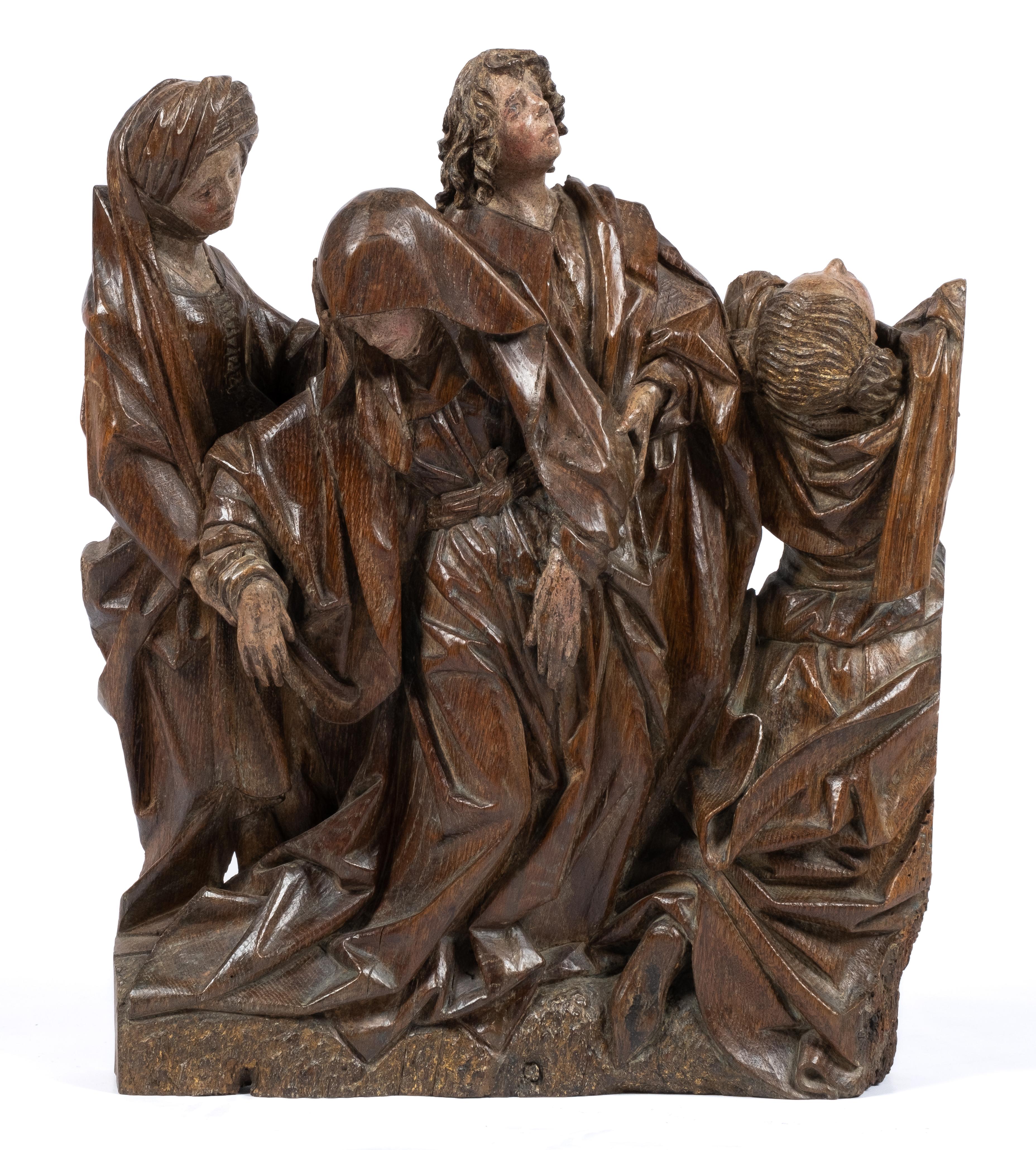 A Flemish carved and polychrome painted oak group of the Swooning of the Virgin