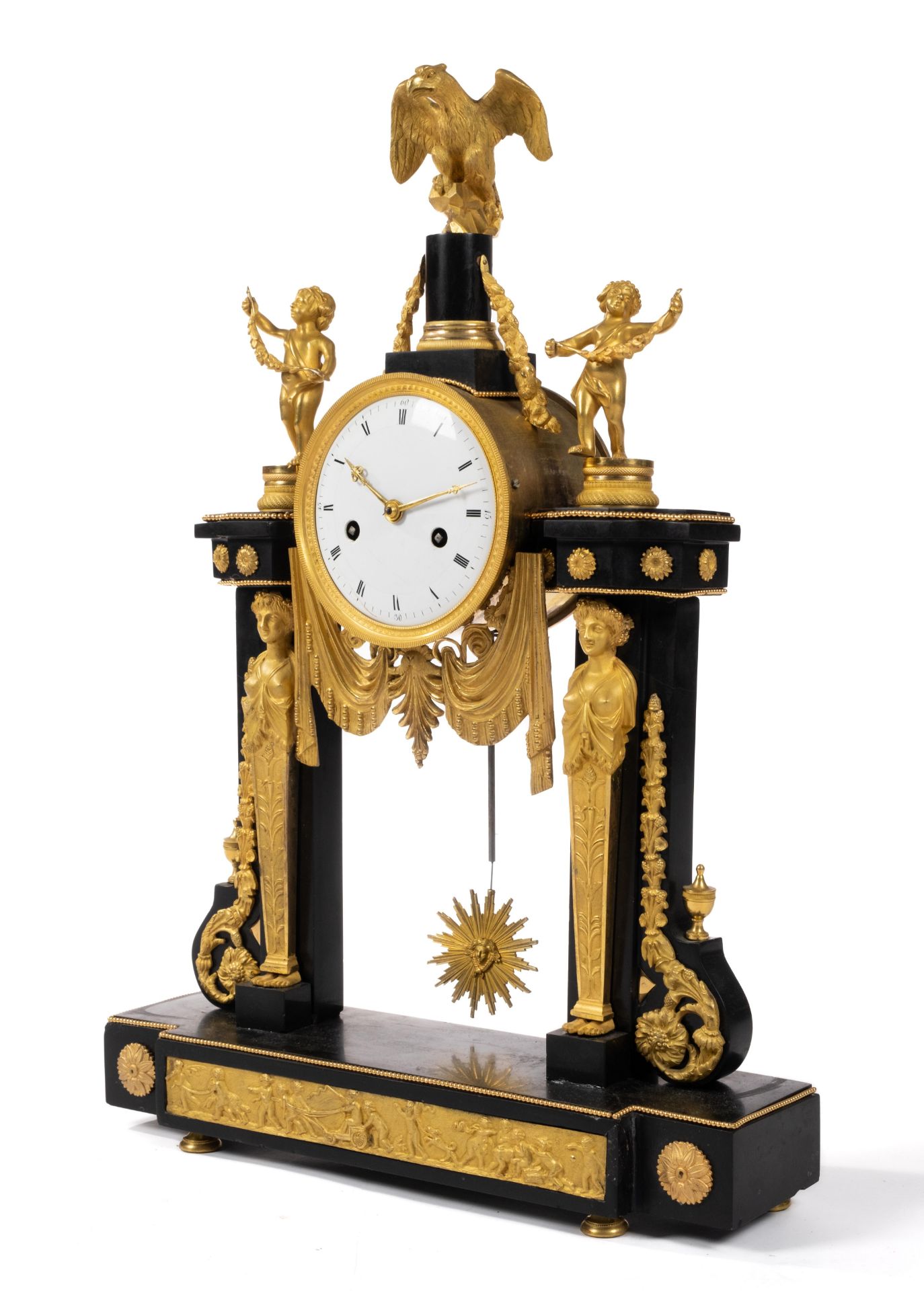 A Louis XVI ormolu-mounted black marble mantel clock 'pendule portique' - Image 3 of 5