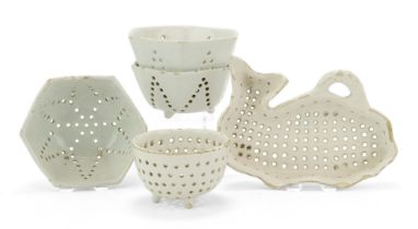 Five Delft white pottery strainers