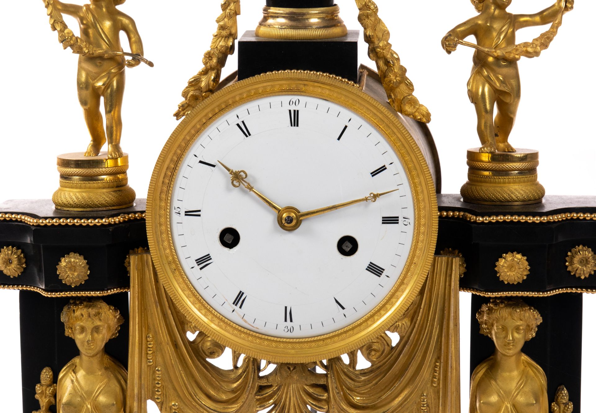 A Louis XVI ormolu-mounted black marble mantel clock 'pendule portique' - Image 2 of 5