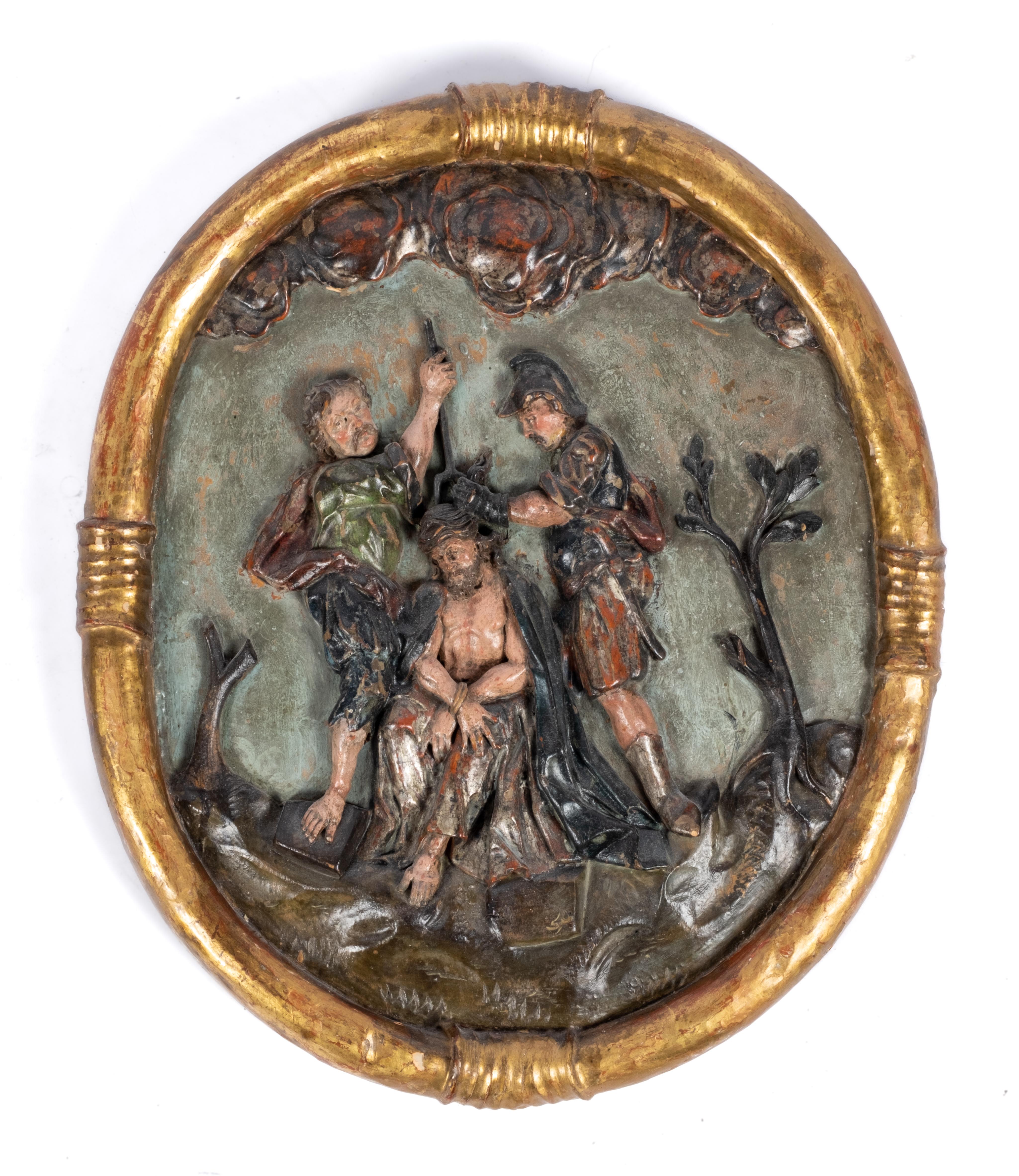 A set of three German or Austrian carved giltwood and polychrome painted oval relief panels - Image 2 of 4