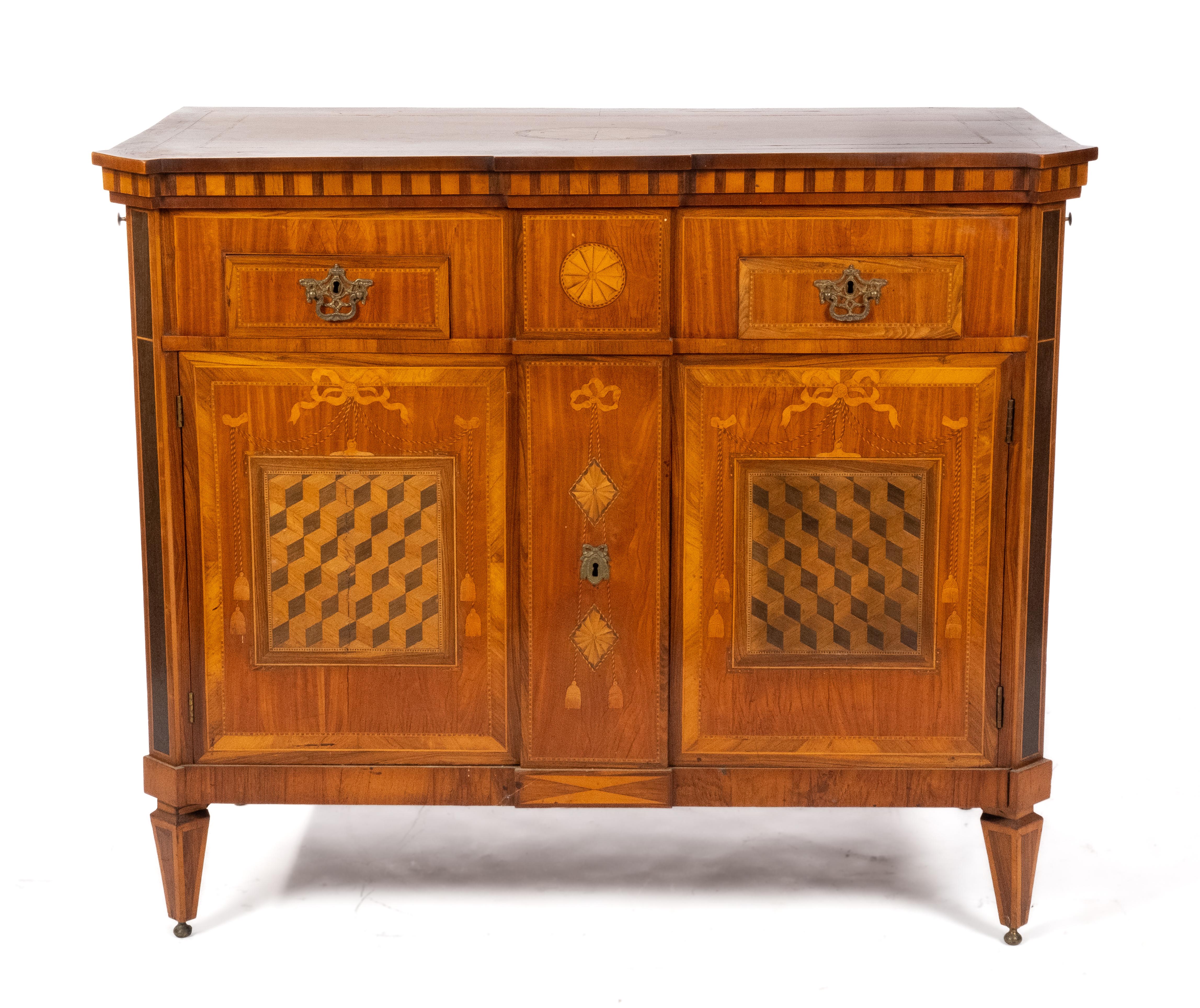 A Dutch satinwood, tulipwood, kingwood and fruitwood marquetry and parquetry sideboard 'klapbuffet'