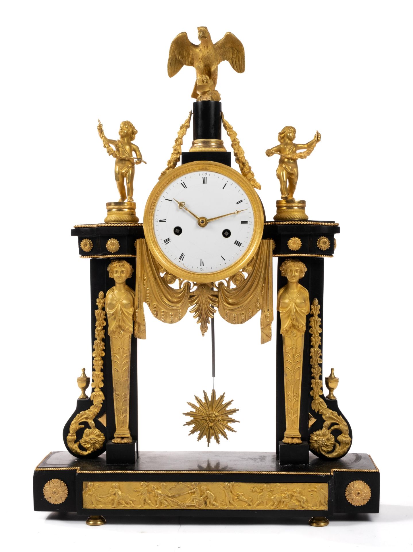 A Louis XVI ormolu-mounted black marble mantel clock 'pendule portique'