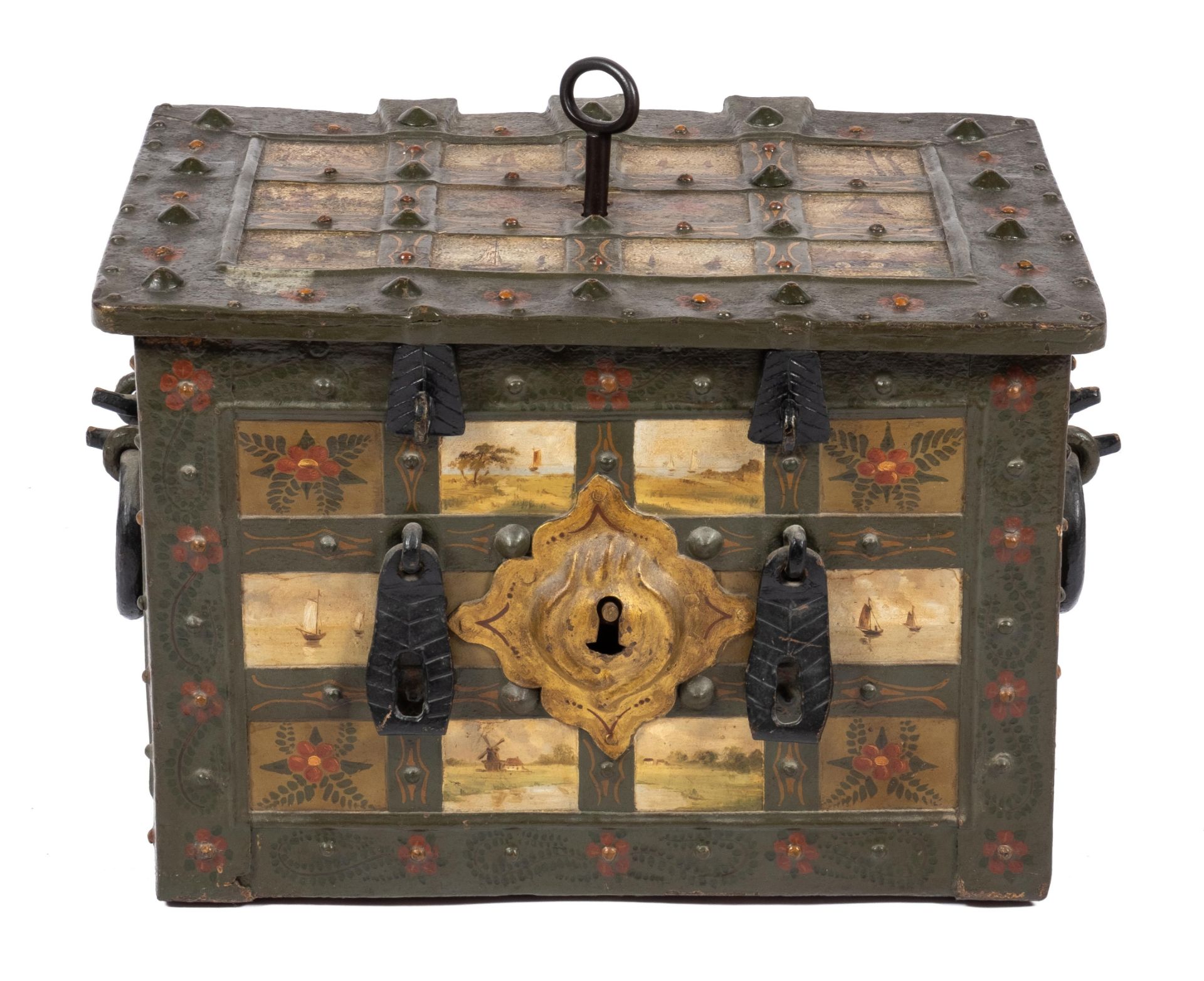 A German polychrome painted wrought-iron Armada chest on stand - Image 6 of 8