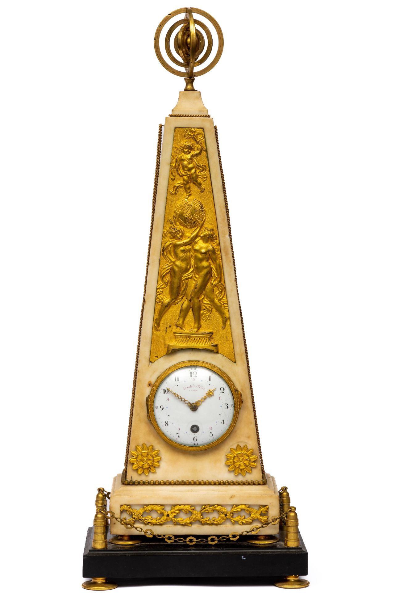 A Louis XVI ormolu and white and black marble obelisk mantle clock