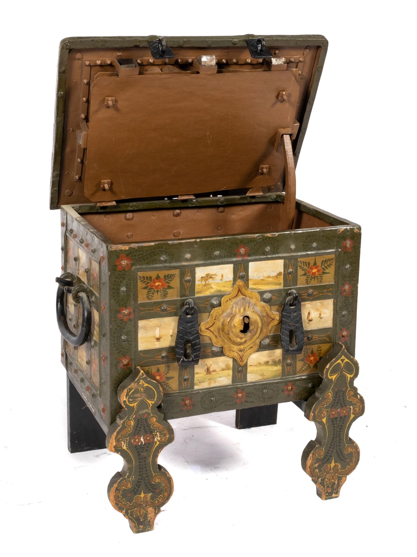 A German polychrome painted wrought-iron Armada chest on stand - Image 4 of 8