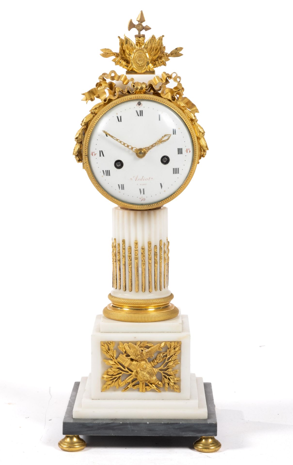 A Louis XVI ormolu and marble columnar mantel clock 'pendule borne'