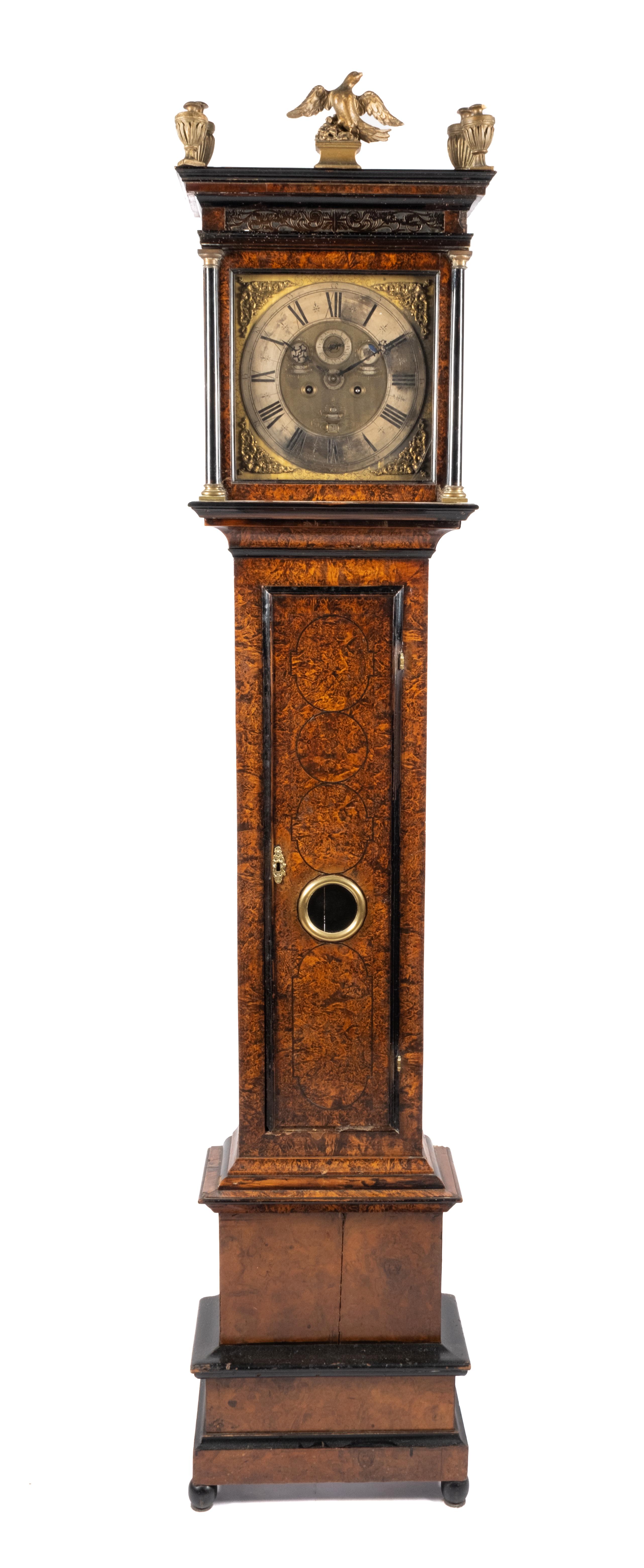 A Dutch burr-walnut and ebonised longcase clock