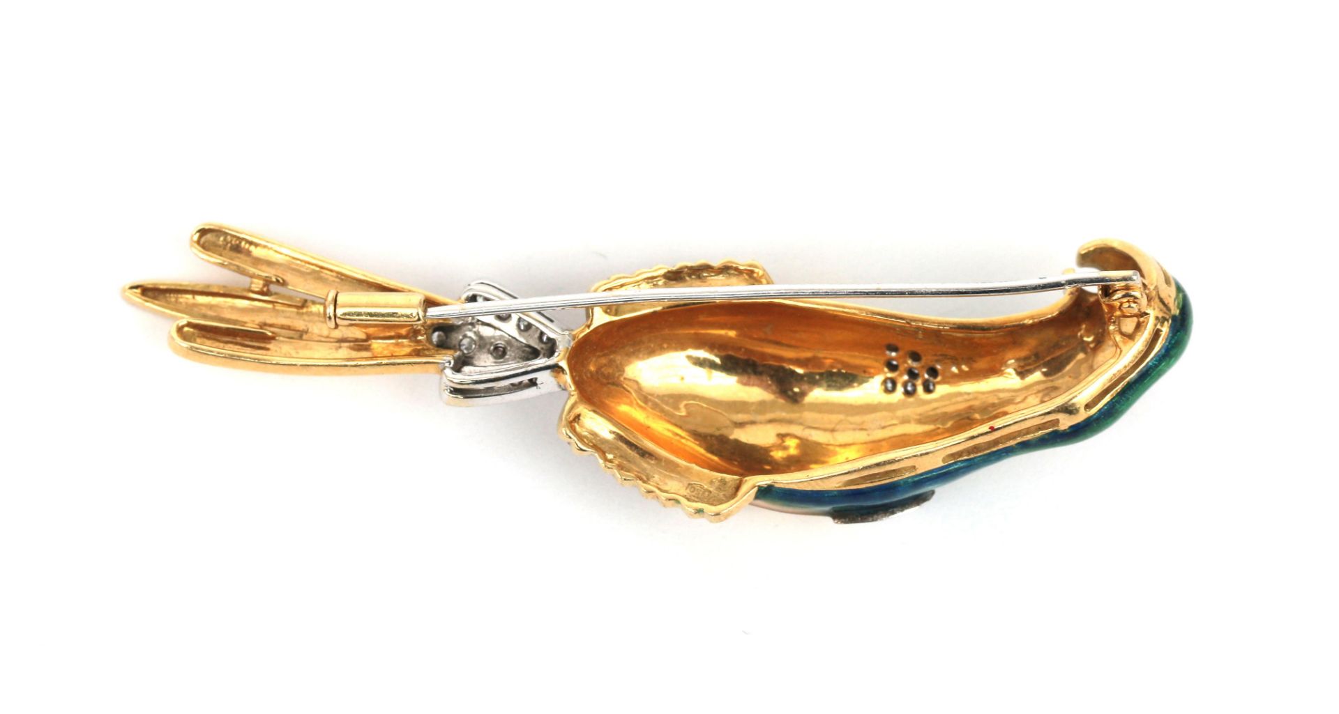 An 18 karat bi-colour gold diamond and enamel parrot brooch  - Bild 3 aus 3