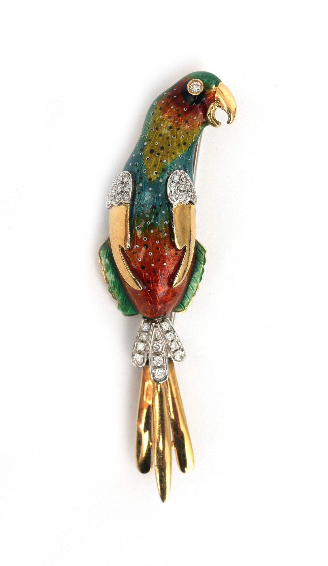 An 18 karat bi-colour gold diamond and enamel parrot brooch 