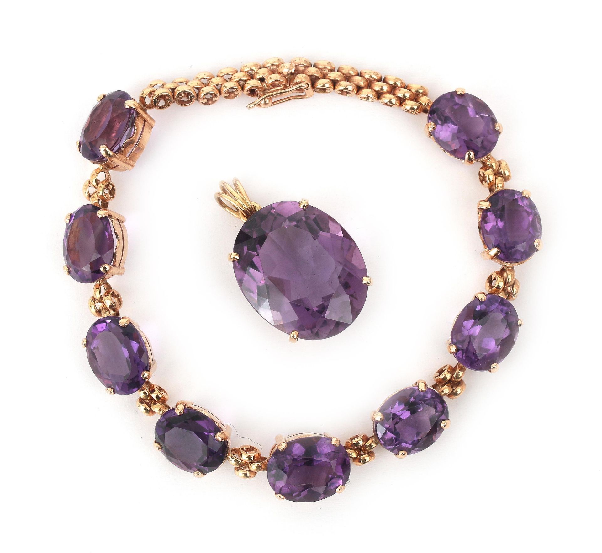 A 18 karat rose gold amethyst bracelet and pendant