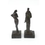 Two patinated bronze sculptures, one depicting a monk, the other one a female nude, on stone bases,