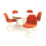 Markus Farner & Walter Grunder. A white plastic Space Age dining chair and five chairs with orange