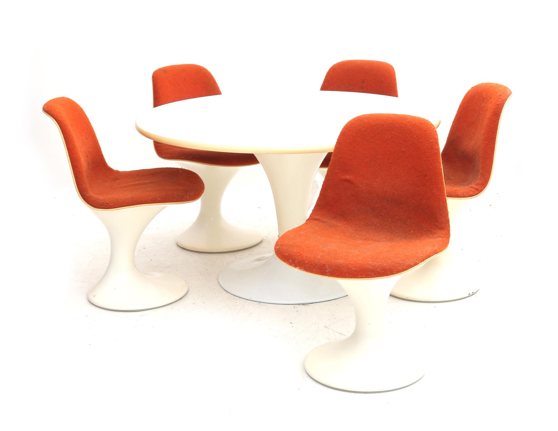 Markus Farner & Walter Grunder. A white plastic Space Age dining chair and five chairs with orange