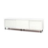 Midcentury Modern A white lacquered sideboard with two sliding doors and a fall front, now on six