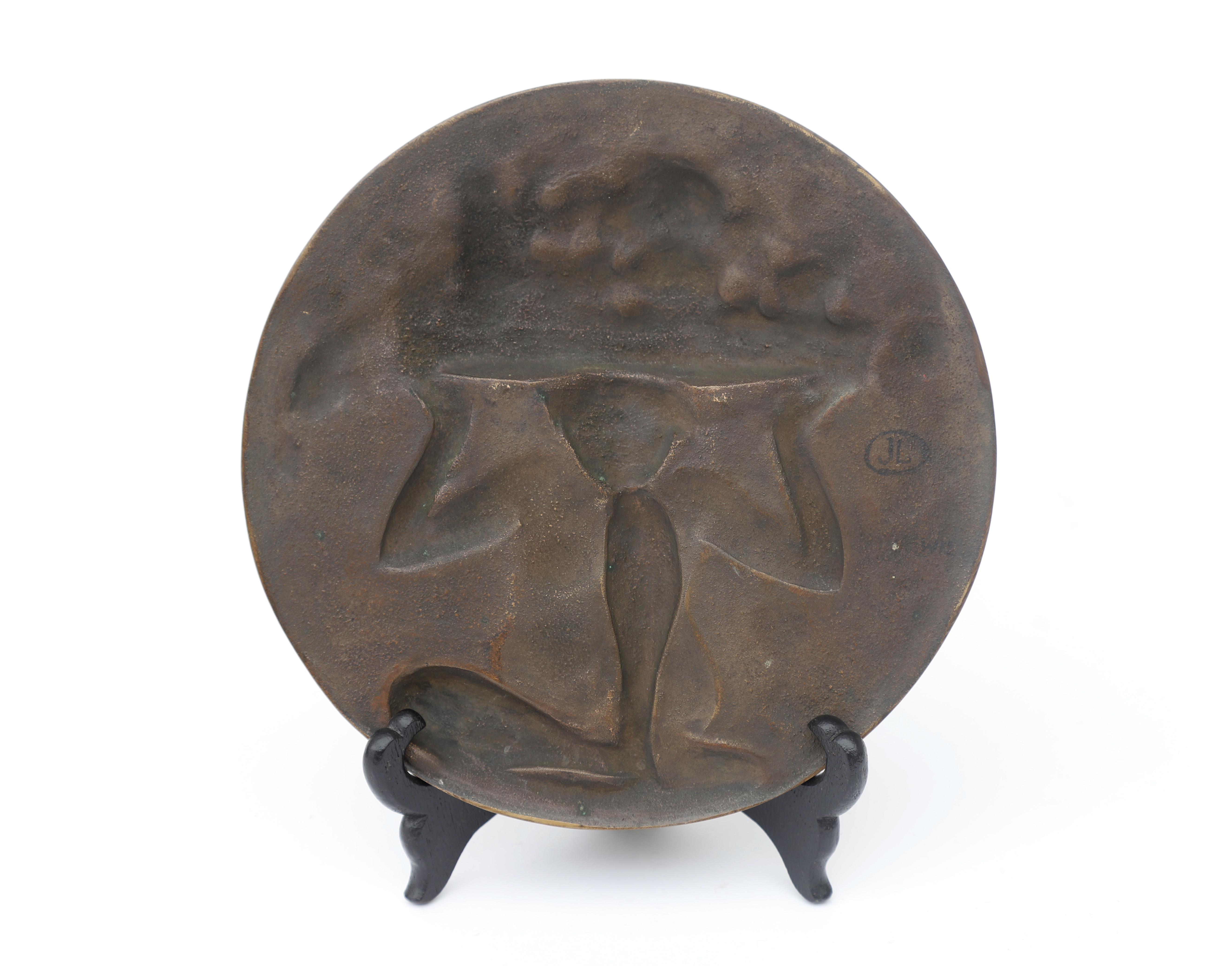 Henry Dropsy (1885-1969) A circular bronze plaque depicting a seated female nude with a fruit-filled - Image 4 of 4