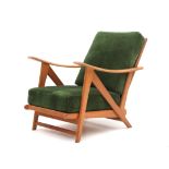 Midcentury Modern A adjustable oak easy chair with green upholstered cushions, 1960s. 87 cm. h.