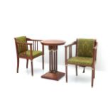 De Coene, Kortrijk (attributed) A set of two green upholstered mahogany veneered armchairs and a