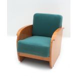 Art Deco A beechwood veneered easy chair, with green upholstered cushions. 65 x 60 x 80 cm. (hxwxd)