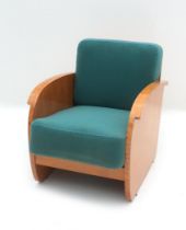 Art Deco A beechwood veneered easy chair, with green upholstered cushions. 65 x 60 x 80 cm. (hxwxd)