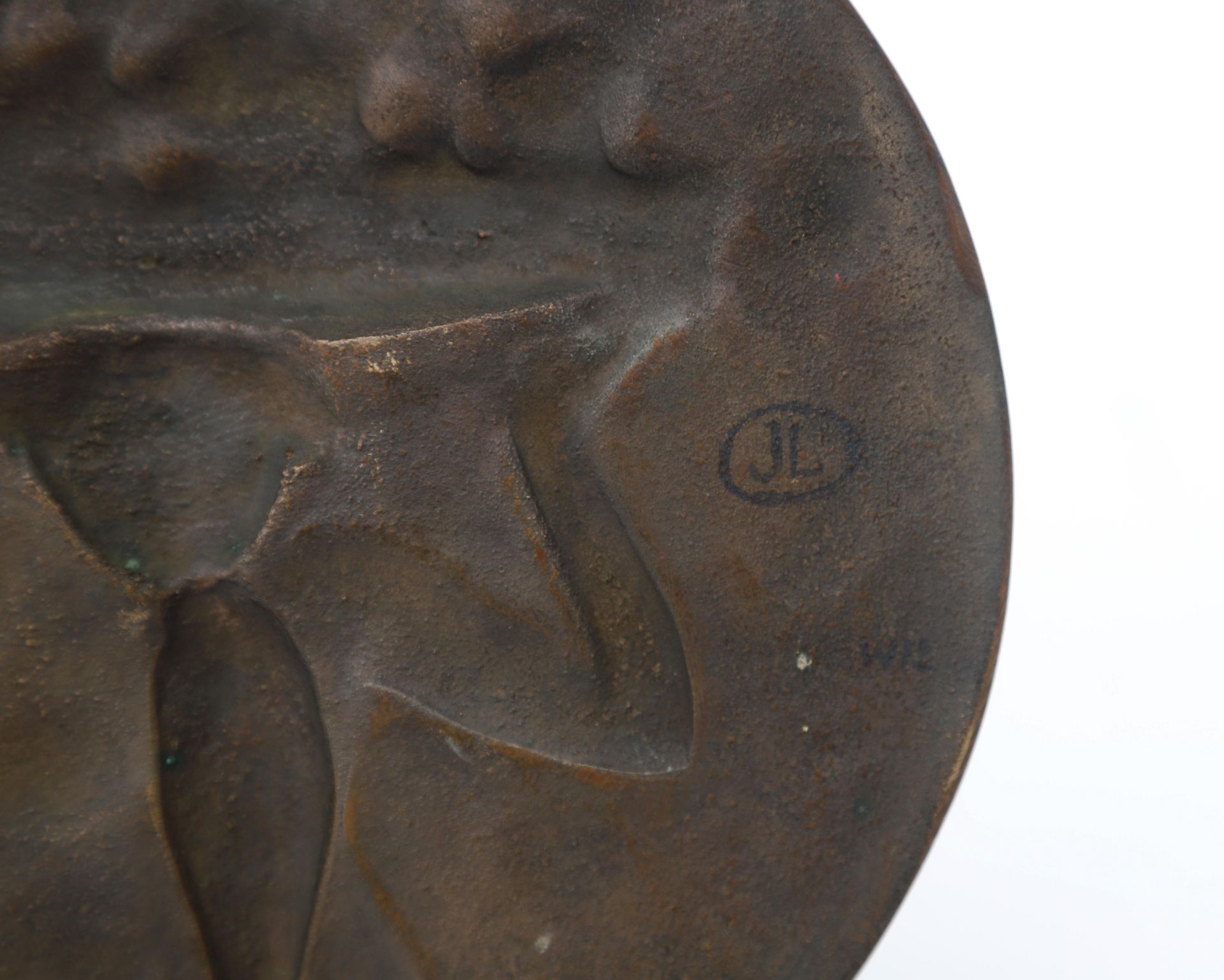 Henry Dropsy (1885-1969) A circular bronze plaque depicting a seated female nude with a fruit-filled - Bild 2 aus 4