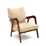 Midcentury Modern A teak easy chair, the seat and backrest with cream fabric upholstery, in the