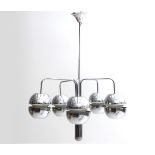 Space Age A chromium plated metal hanging lamp with five globular shades, possibly Italian, 1970s.