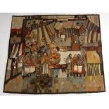 Piotr Grabowski (1933) A handwoven wall tapestry decorated with a market scene, 1972, signed with