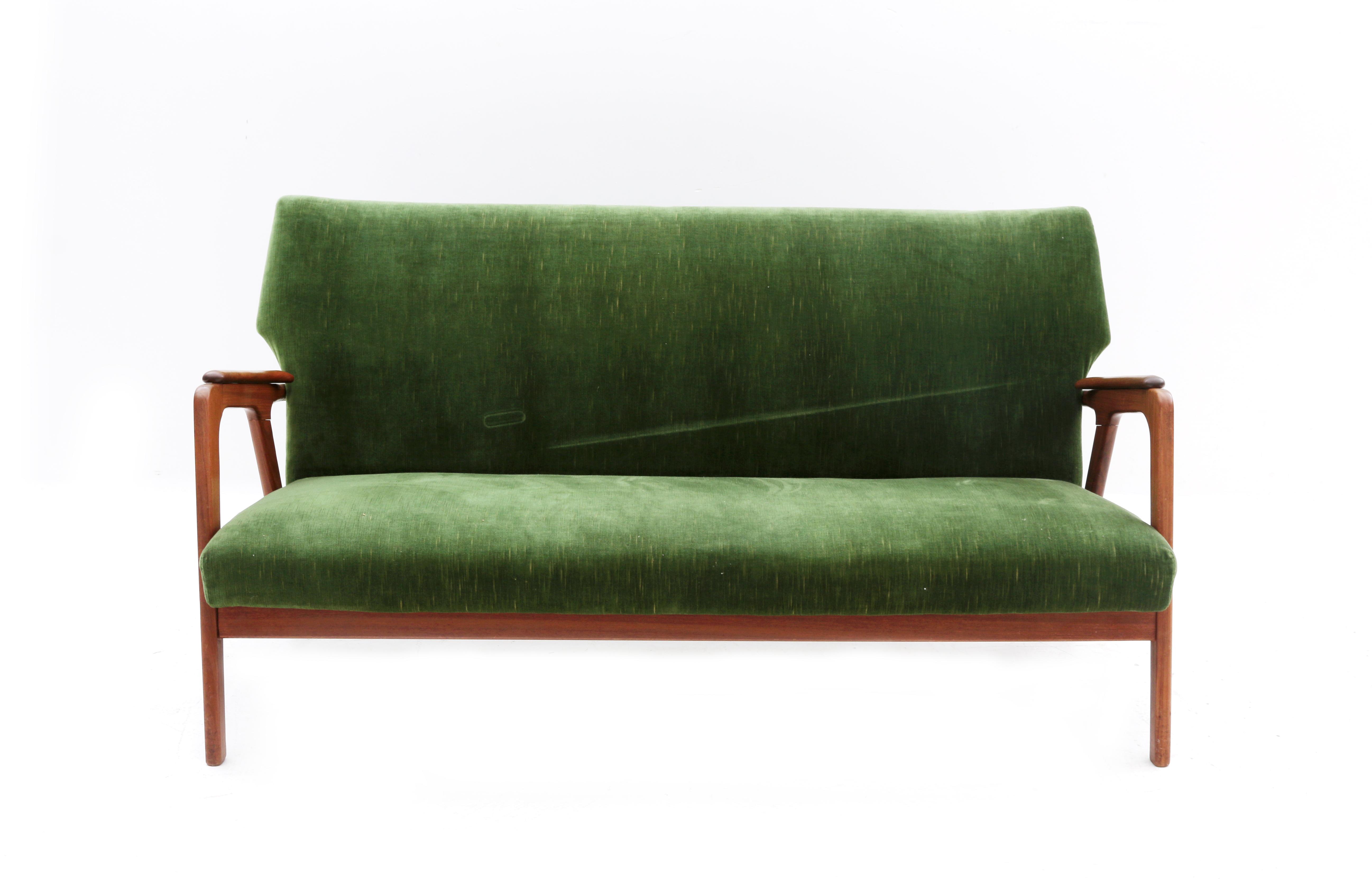 Midcentury Modern A teak sofa, the seat and backrest with green fabric upholstery, in the style of - Image 2 of 2
