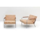 Eighties Two tubular metal easy chairs, brown upholstered, manufacturer unknown. 60 cm. h. (2x)