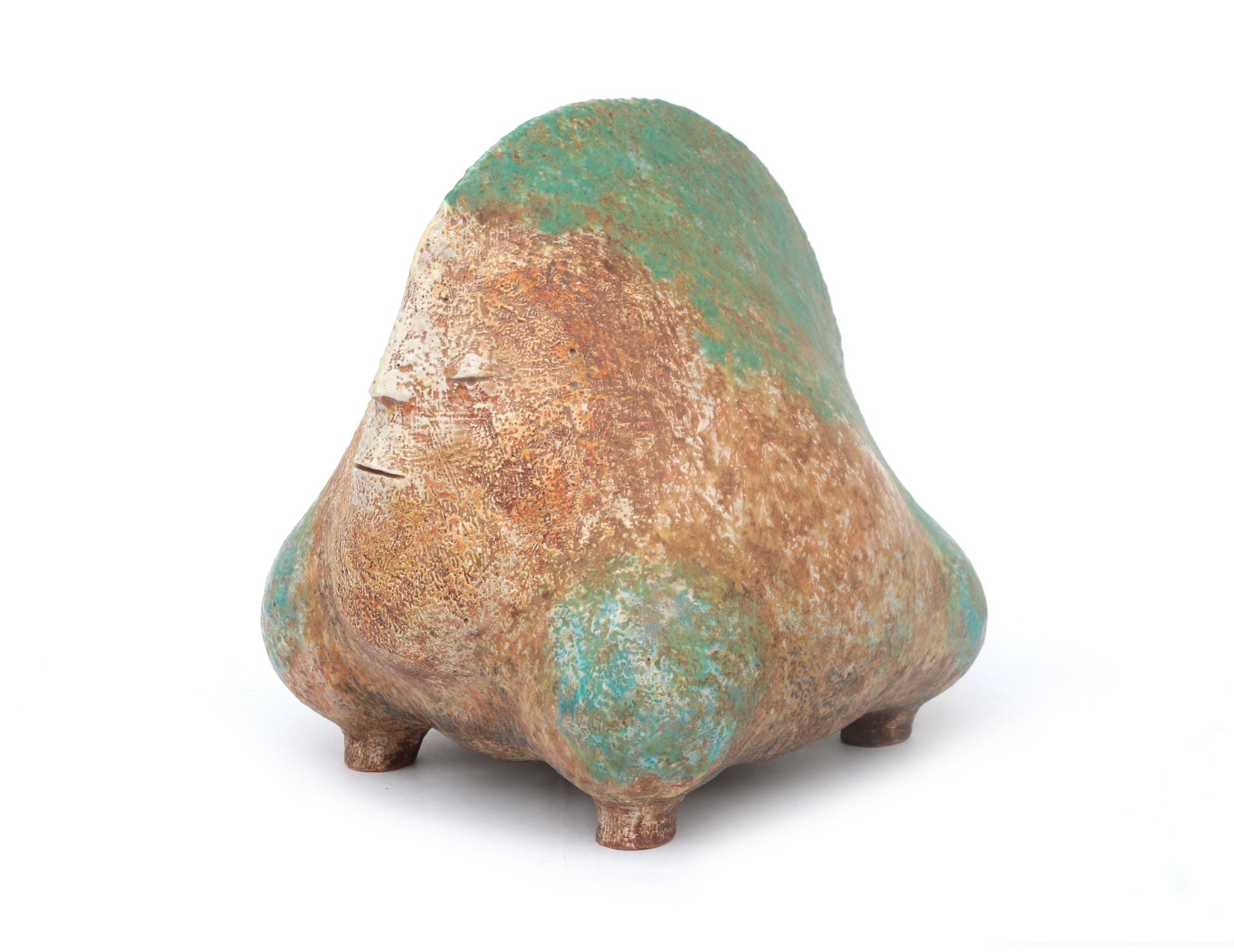Hans de Jong (1932-2011) A ceramic figure, "Dier met hoge kam" (Animal with tall comb), green, brown