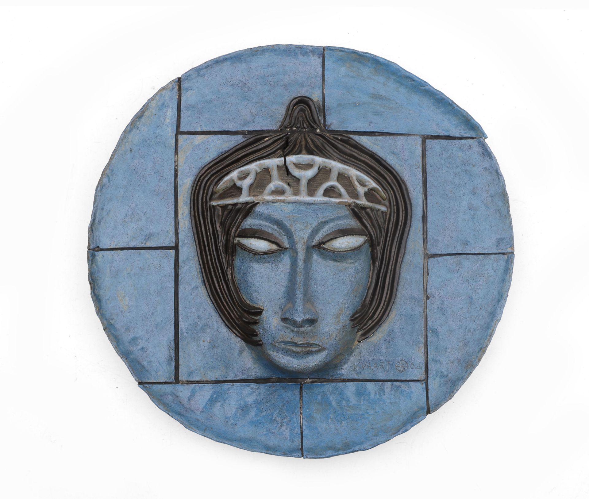 Jan van der Vaart (1931-2000) A blue glazed circular ceramic tile picture with relief shaped as a