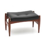 Midcentury Modern A teak ottoman with black leatherette upholstery, 1960s. 38 x 64 40 cm. (hxwxd)