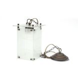 Art Deco A rectangular section sanblasted glass hall lamp with cut lines, mounted with copper