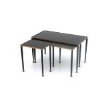 Midcentury Modern A set of three occasional tables, black lacquered metal and brass, with black